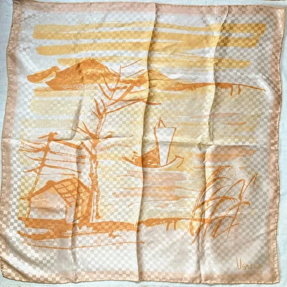 Vintage Vera Neumann Silk Japanese Asian Boat Landscape Square Handrolled Scarf - Picture 2 of 12
